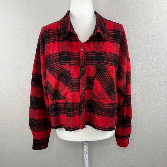 Ci Sono Red Black Plaid Flannel Button Front Long Sleeve Crop Shirt Shacket XL - Picture 1 of 10